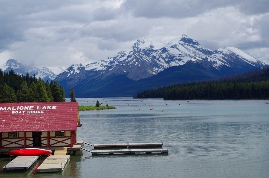 Boats on Water At Maligne Lake