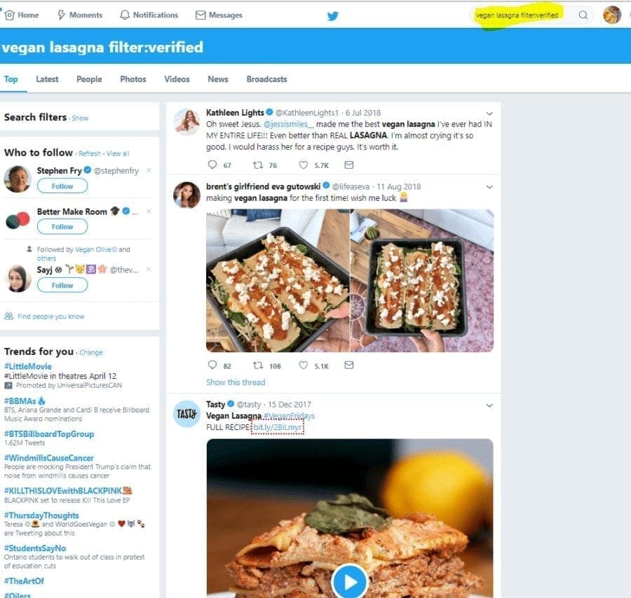 vegan lasagna twitter filter through verified profiles