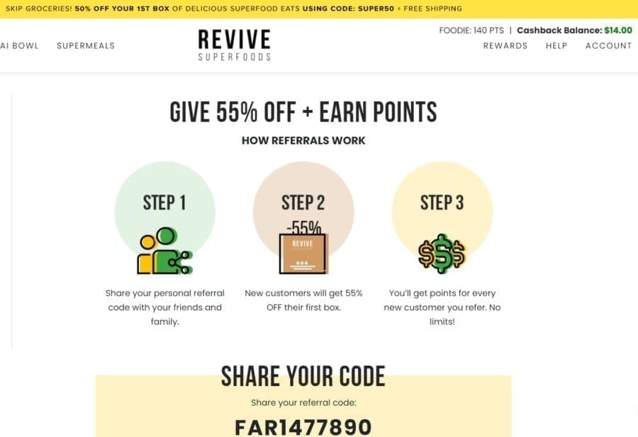 Revive Superfoods Screenshot Of Referral Code