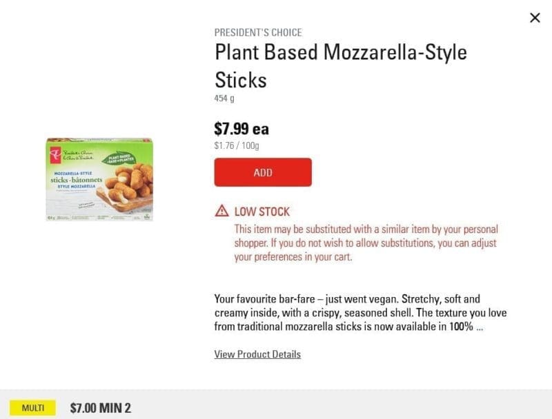 Presidents choice plant based mozzarella sticks