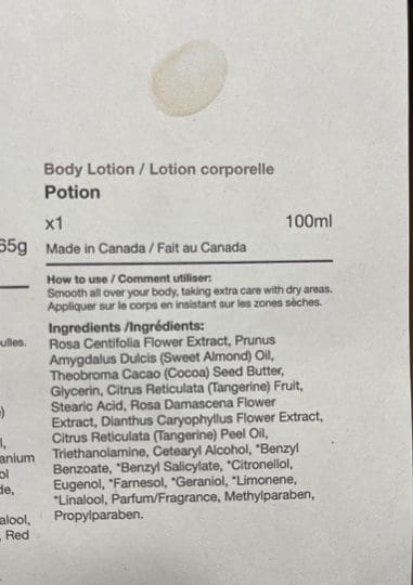 Potion Lotion ingredients