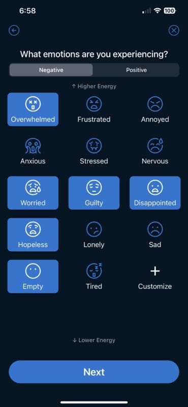 Clarity app 'emotions you are experience' with list of negative emotions including a customize option. 