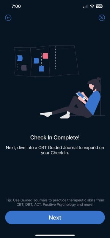 Clarity app 'check in complete'. 