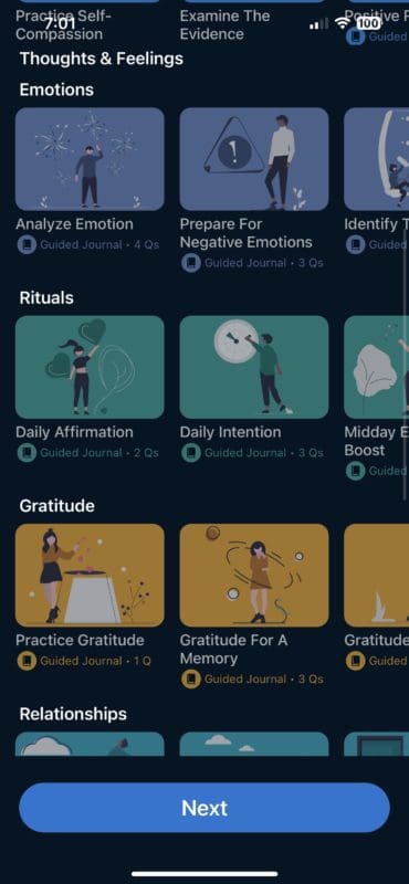 Clarity app guided journal options for emotions, rituals, gratitude