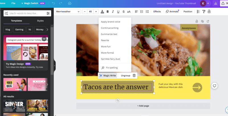 magic write canva tacos